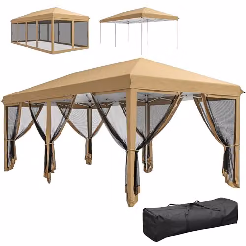 Outsunny Beige Pop Up Gazebo with Steel Frame, W: 295 cm, D: 295 cm, H: 270 cm – 1