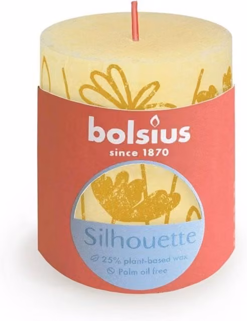 Bolsius Rustic Silhouette Pillar Candle in Butter Yellow, H 80 mm x W 6.8 cm x D 6.8 cm