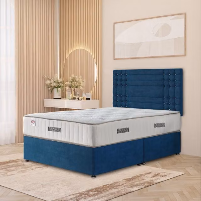 Somnior Beds Ltd Saville Plush Velvet Divan Bed Set with Headboard and Drawers, Blue, W/D/H: 200 x 200 cm