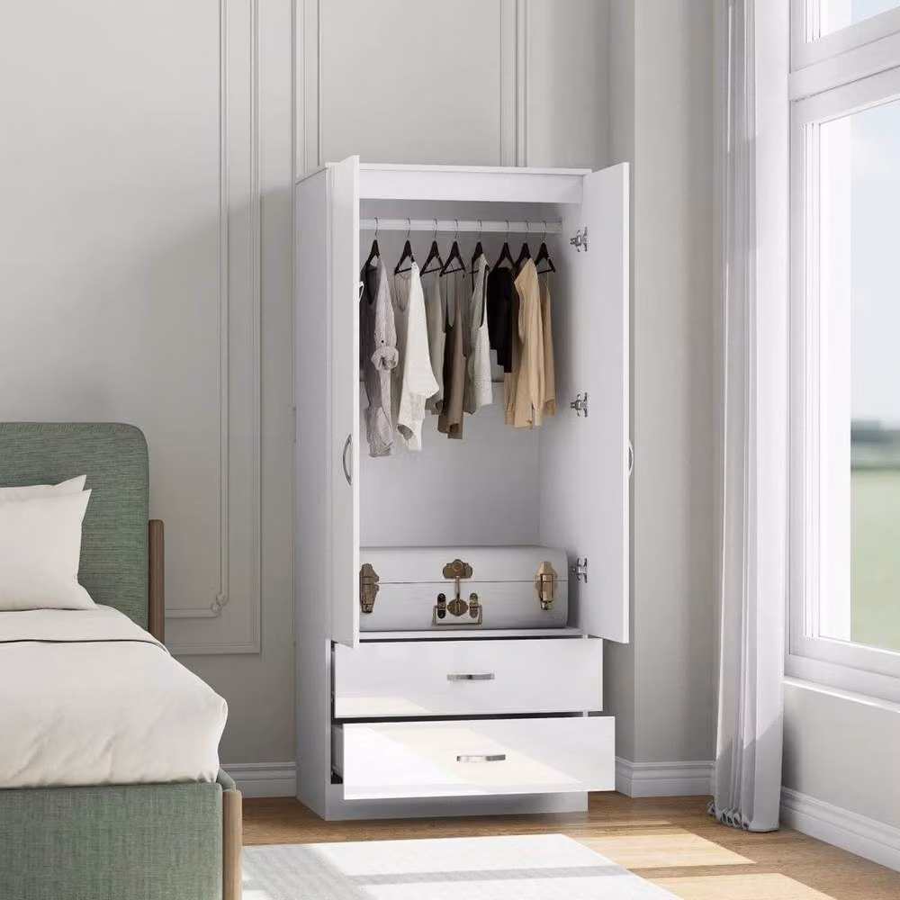 FLAVORA High Gloss White 2 Door Wardrobe with 2 Drawers and Mirrored Doors – 2