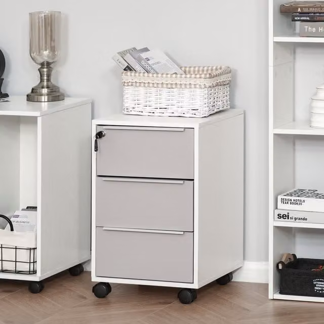 HOMCOM 3-Drawer Locking Mobile File Cabinet with Castors in Grey and White – 1