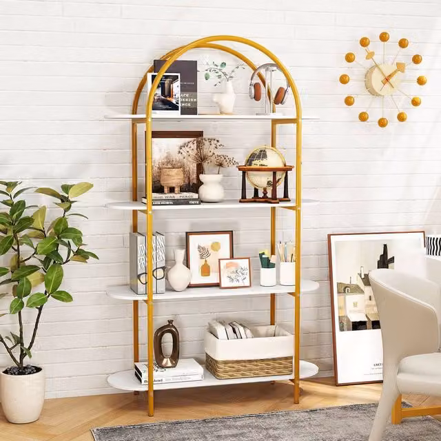 Gymax 4-Tier Arched Metal Frame Open Bookshelf Display Organizer in White – 1