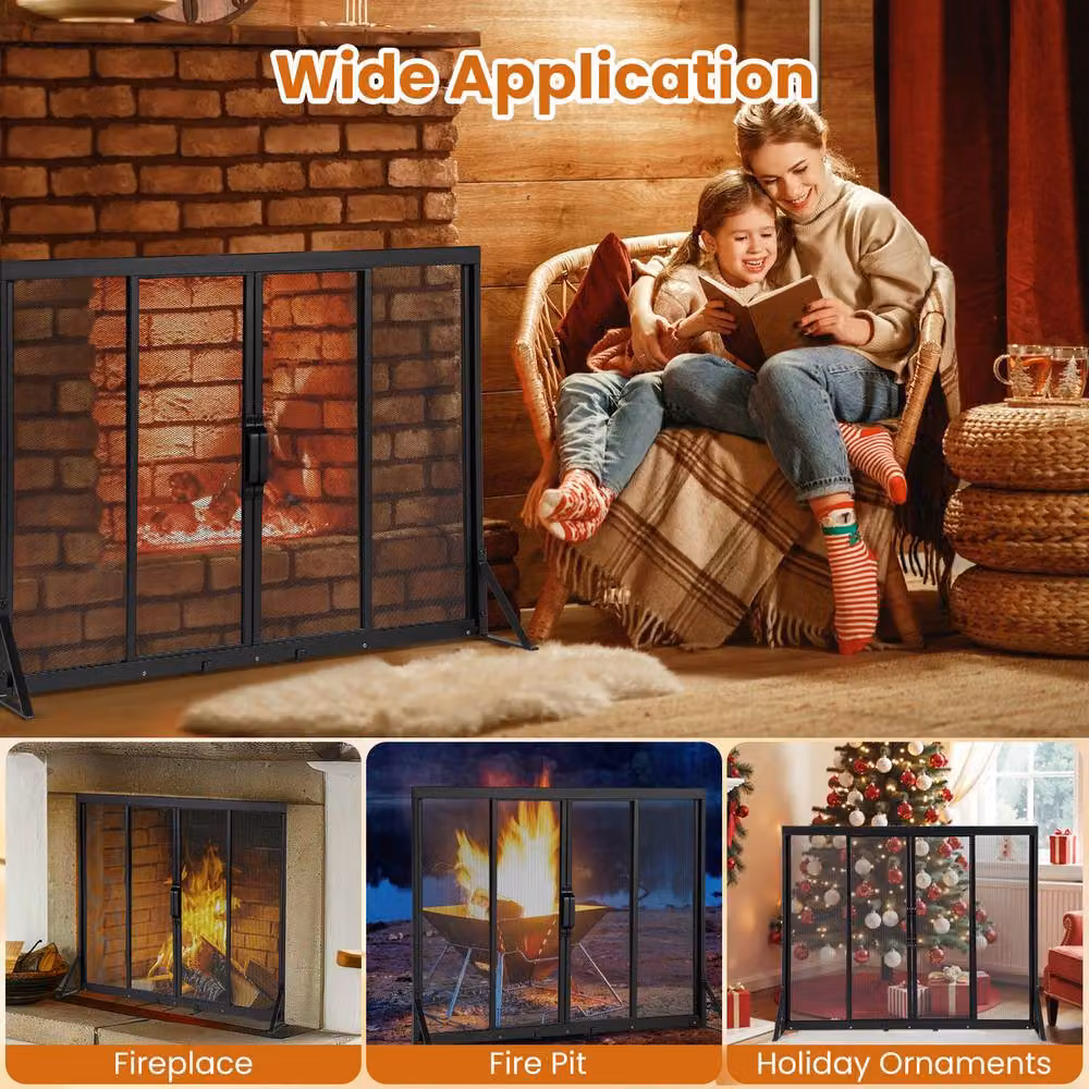Gymax Fireplace Screen Spark Guard Protector with 2 Sliding Doors, Black – 6