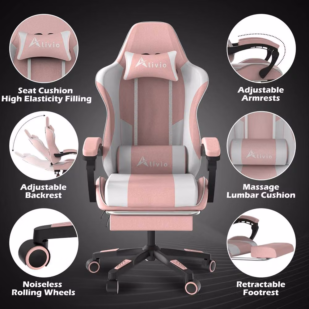 Alivio Ergonomic Gaming Chair in Pink with Footrest, Reclining Backrest, Lumbar Support and Headrest – 6