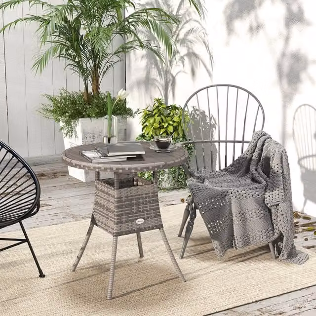 Outsunny Modern Round Polyrattan Dining Table with Slatted WPC Top in Grey, Diameter: 70 cm