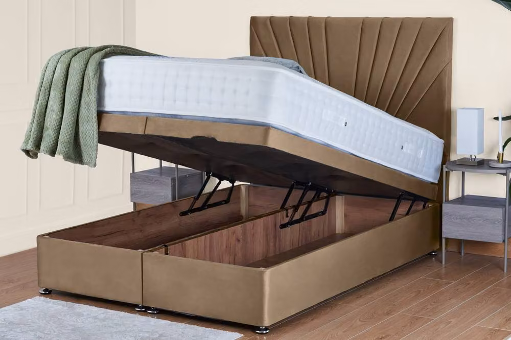 UK Bed Furniture Sunrise End Lift Divan Ottoman Bed with 54 Inch Headboard in Beige, Small Double, W/D/H: 120 x 200 cm – 2
