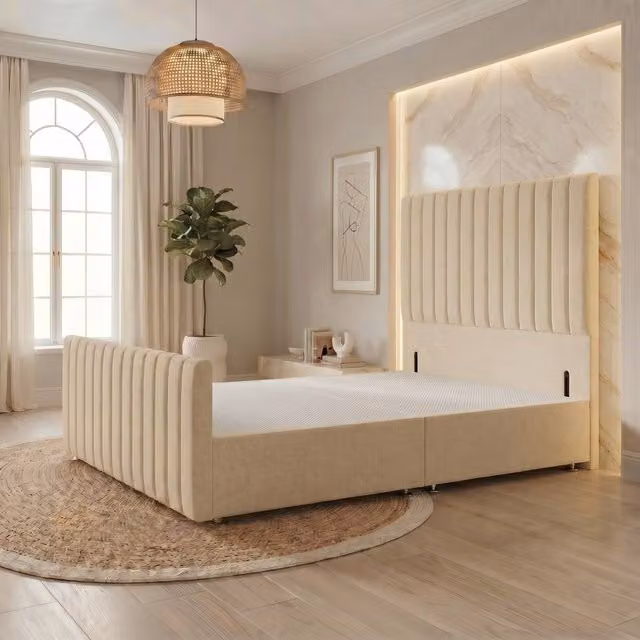 Somnior Eleanor Linen Divan Base with Headboard and Footboard, Beige, W/D/H: 140 x 200 cm