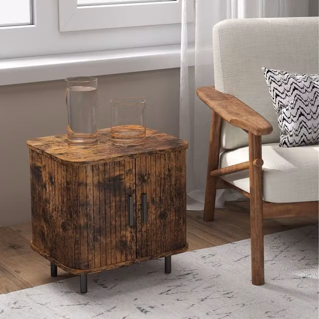 HOMCOM Nordic Bedside Table with Roller Shutter Style Sliding Doors in Rustic Brown