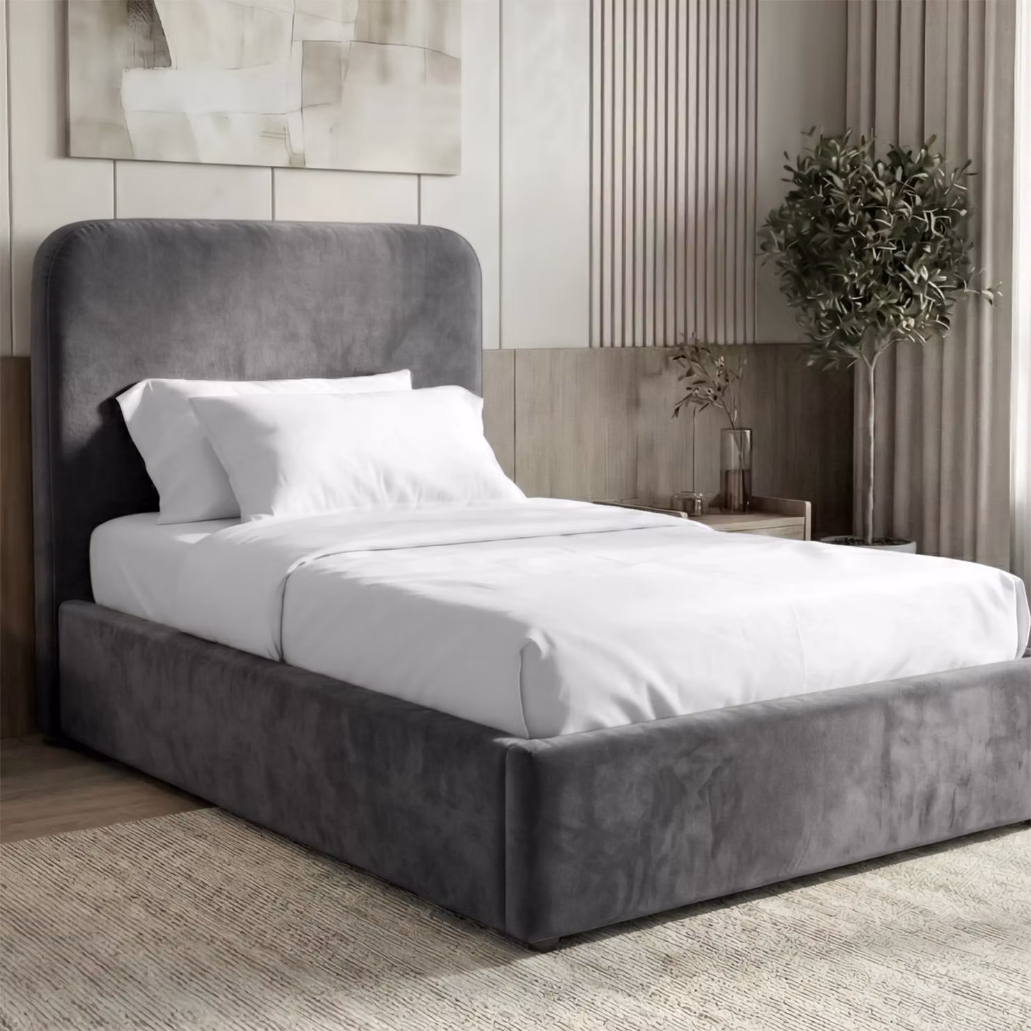 DHS Pluva Velvet Ottoman Storage Bed Frame, Grey, W/D/H: 140 x 190 x 135 cm