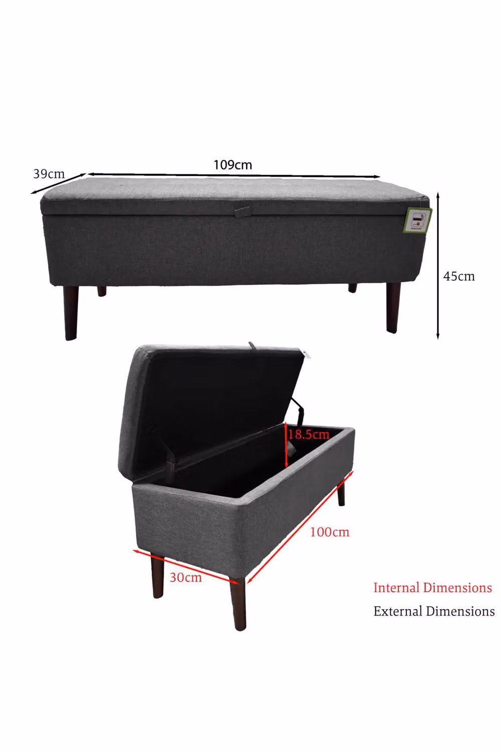 FWStyle Grey Linen Ottoman Storage Bench with Solid Wooden Legs – 4