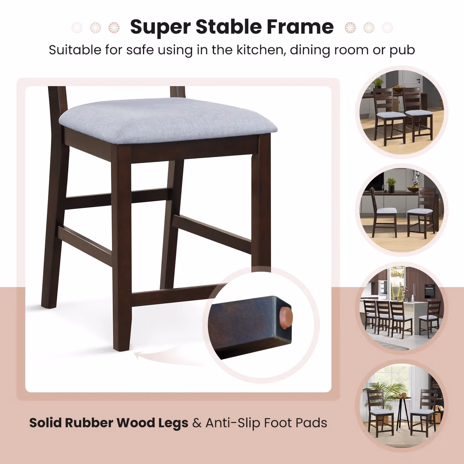 Costway 2-Piece Set of Brown Counter Height Bar Stools with Padded Fabric Seats and Rubberwood Legs – 4