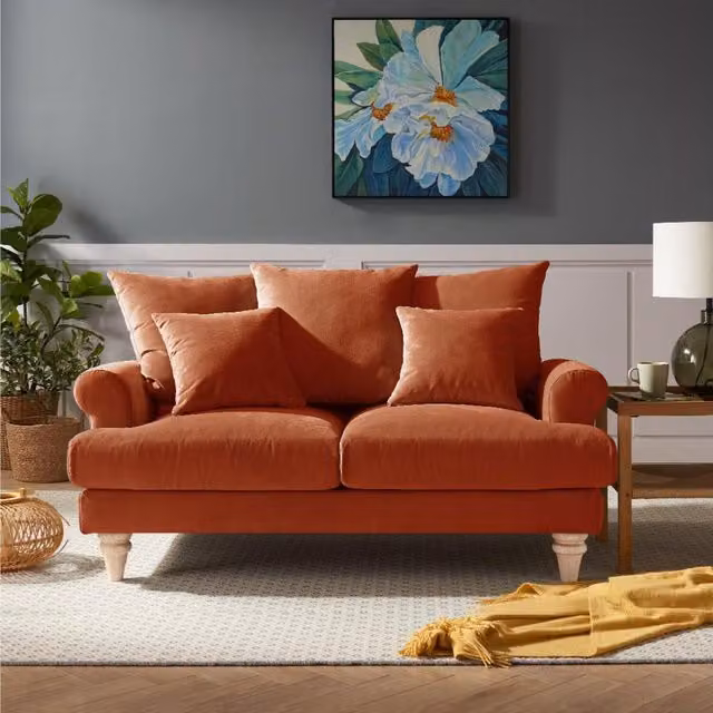Dawn 2 and 3 Seater Velvet Sofa with Scatter Back Cushions and Feather Filling in Burnt Orange