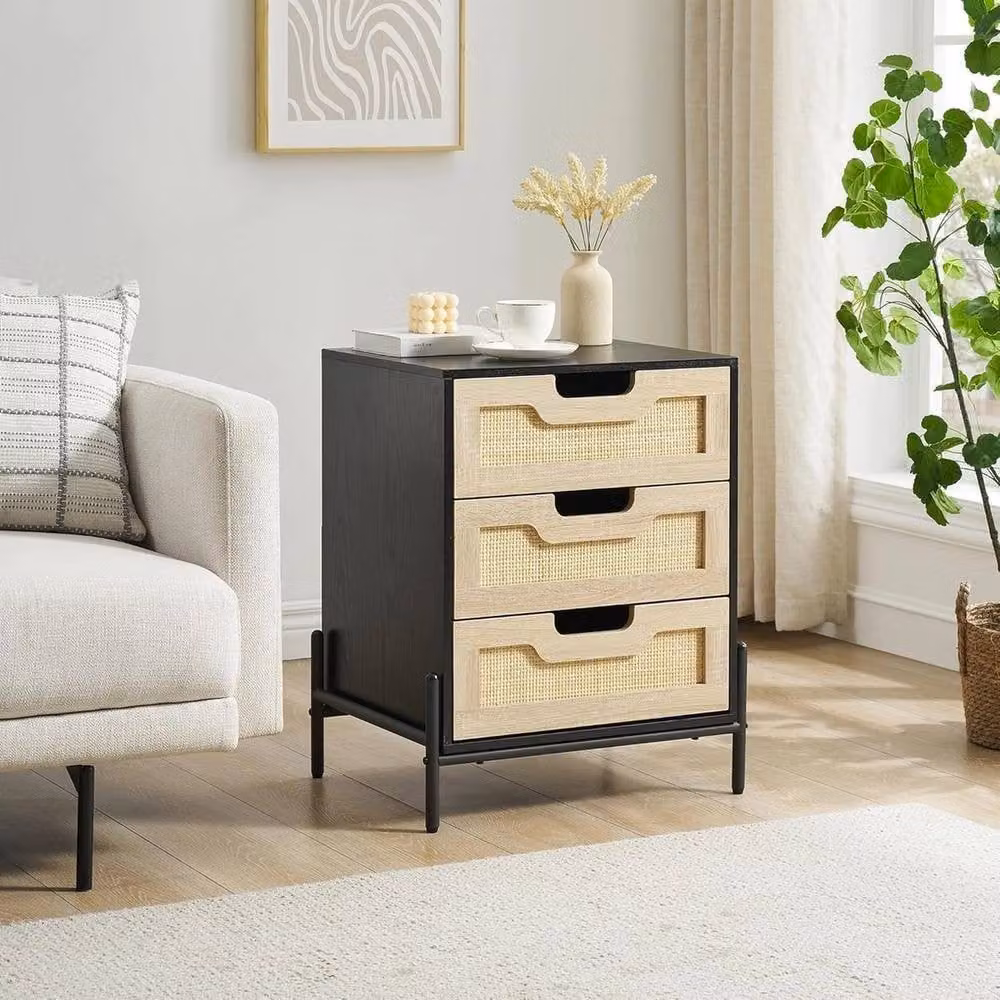 Havendro Rattan Bedside Table with 3 Drawers and Metal Legs in Black and Multicolour, W: 39.88 cm, D: 39.88 cm, H: 64 cm – 4