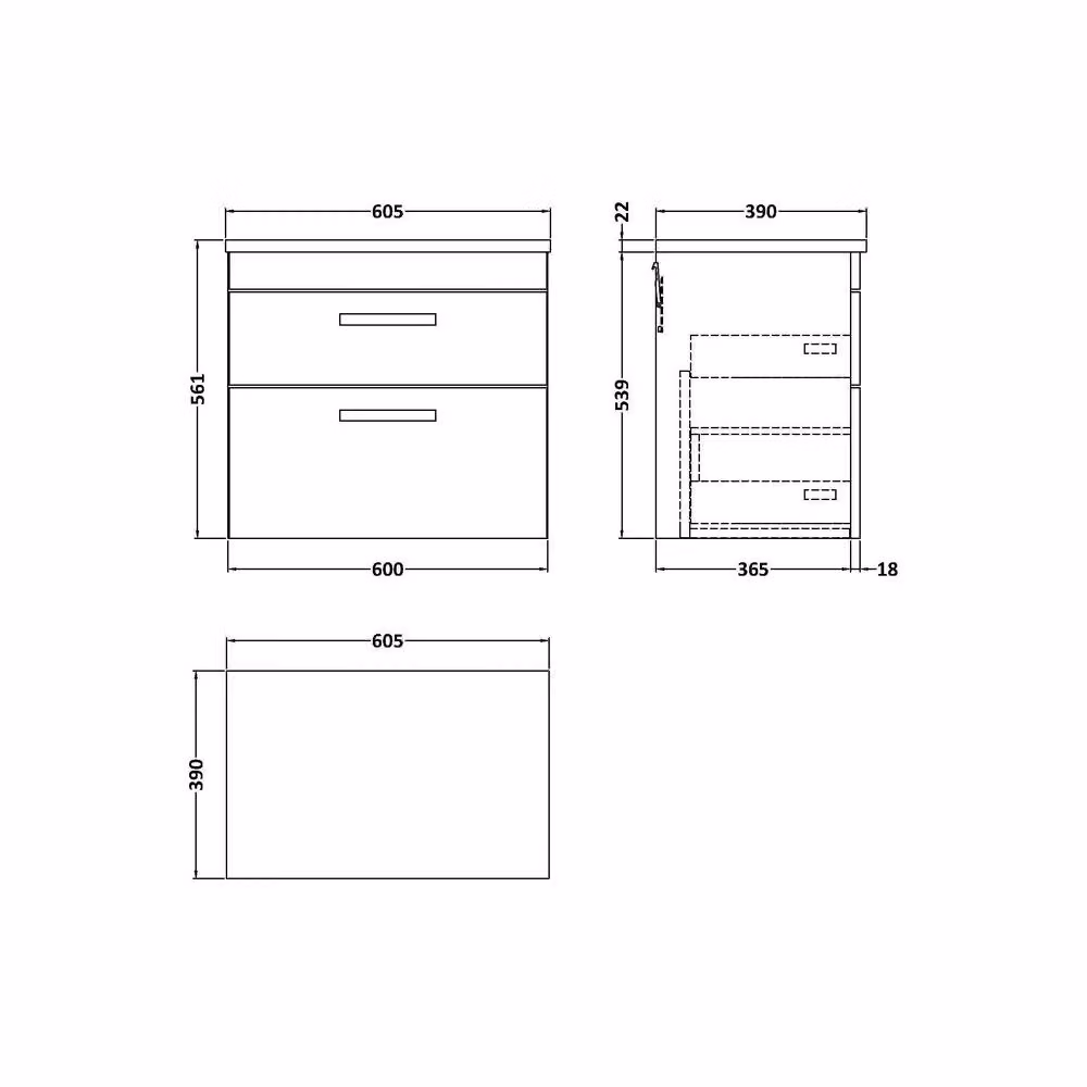Balterley Millwich 2 Drawer Wall Hung Vanity Unit, Anthracite Grey Woodgrain, W: 60.0 cm – 2