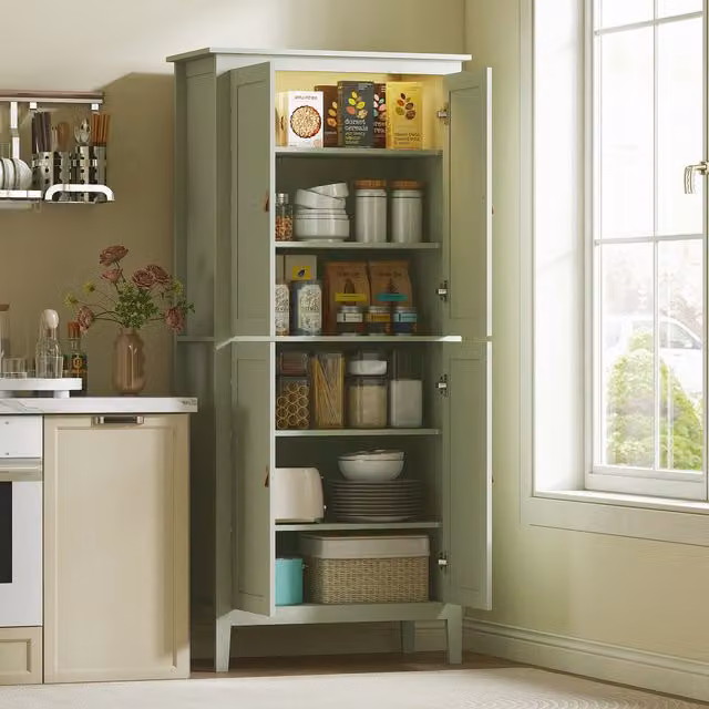 HOMCOM Modern Freestanding Tall Pantry Storage Cabinet with 4 Hinged Doors and LED Lighting, Green, Height: 176.5 cm