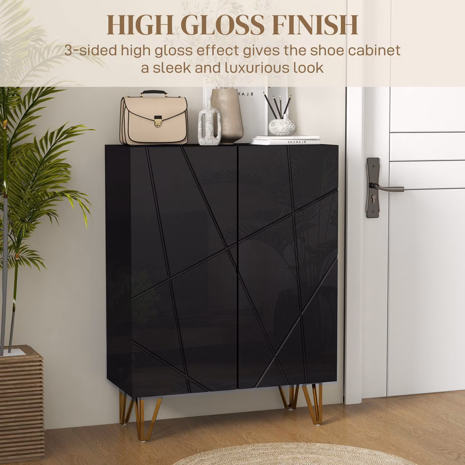 HOMCOM Narrow Black Shoe Storage Cabinet with Soft-Close Hinged Doors and Adjustable Internal Shelves – 6