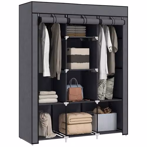 HOMCOM Fabric Wardrobe with Hanging Rod and Internal Shelves, Grey, W/D/H: 125 x 43 x 162.5 cm
