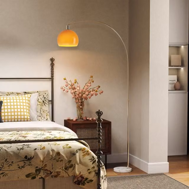 HOMCOM Modern Floor Standing Lamp with Orange Shade and Silver Metal Base