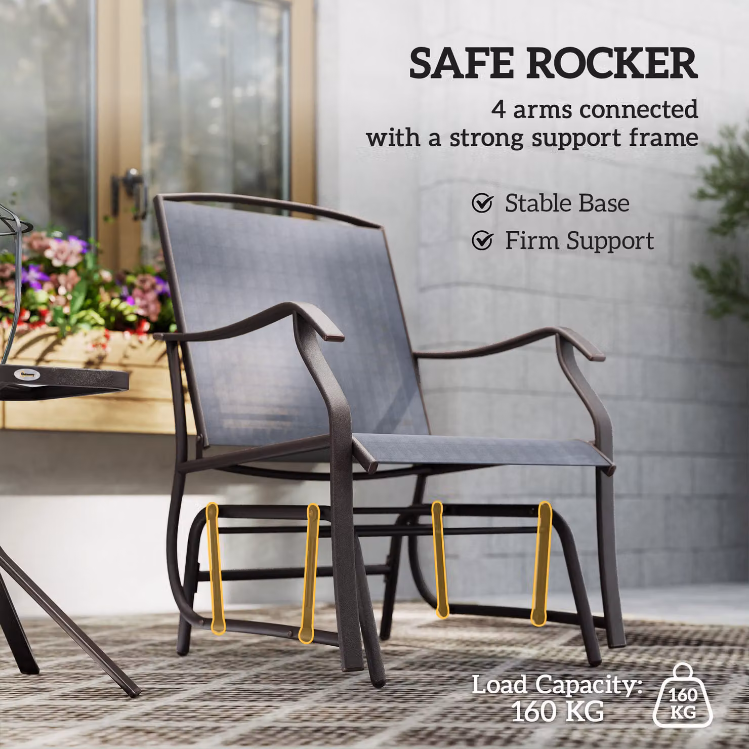 Outsunny Grey Glider Rocking Chair and Square Glass Table Bistro Set for Garden, Terrace or Balcony – 5