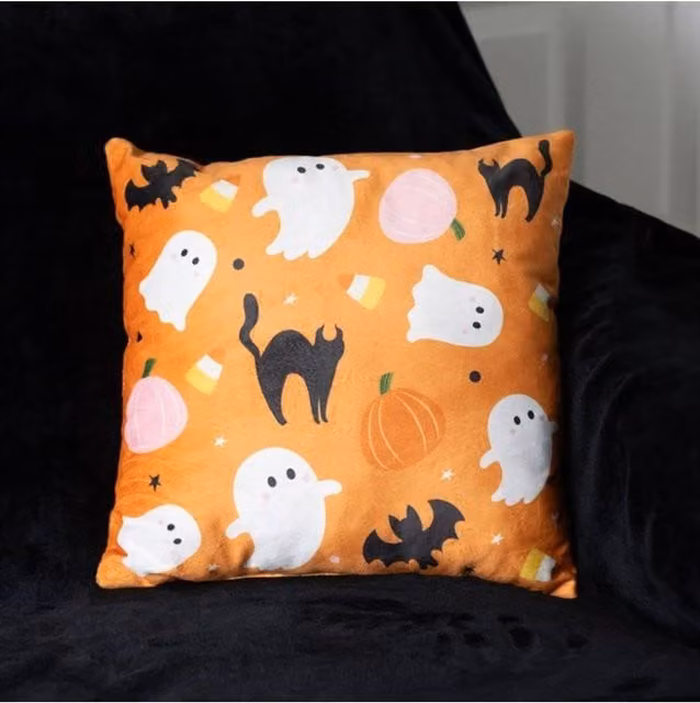 KDMD Square Halloween Ghost Cushion with Spooky Pumpkin and Bat Graphic Print in Orange – 1