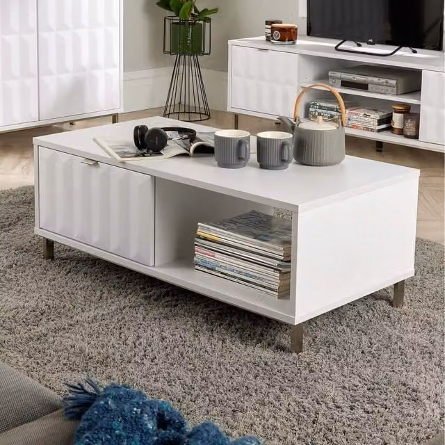 Home Source Siena Modern High Gloss 1 Drawer Coffee Table Storage Unit in White