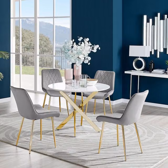 FurnitureboxUK Novara Round White Gloss Glass Dining Table with 4 Grey Pesaro Chairs and Gold Metal Legs