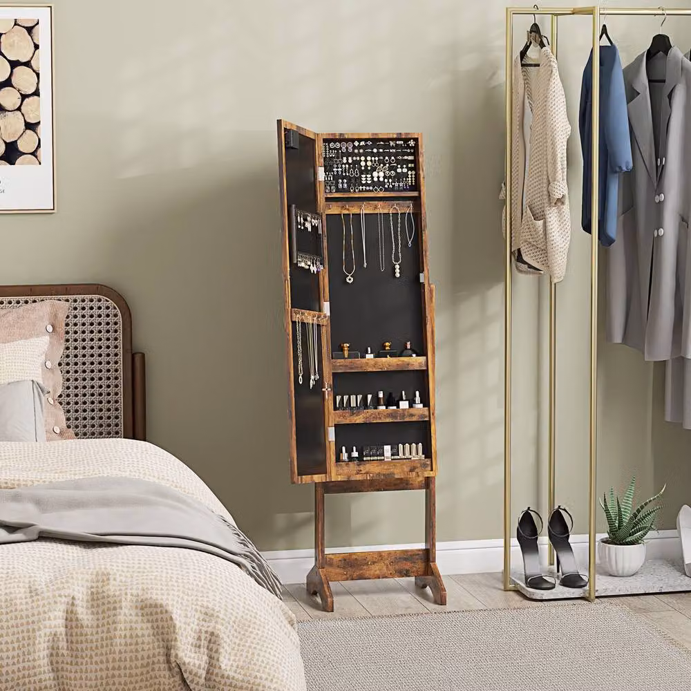 STILVORA Freestanding Jewellery Storage Cabinet with LED Mirror in Brown – 3