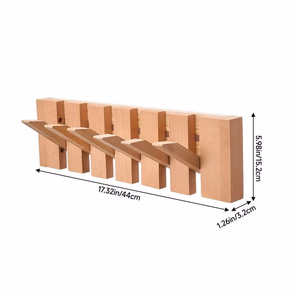 KORVIXA Natural Wood Piano Key Coat Hook Rack with 6 Hooks, Brown, W: 90 cm – 2