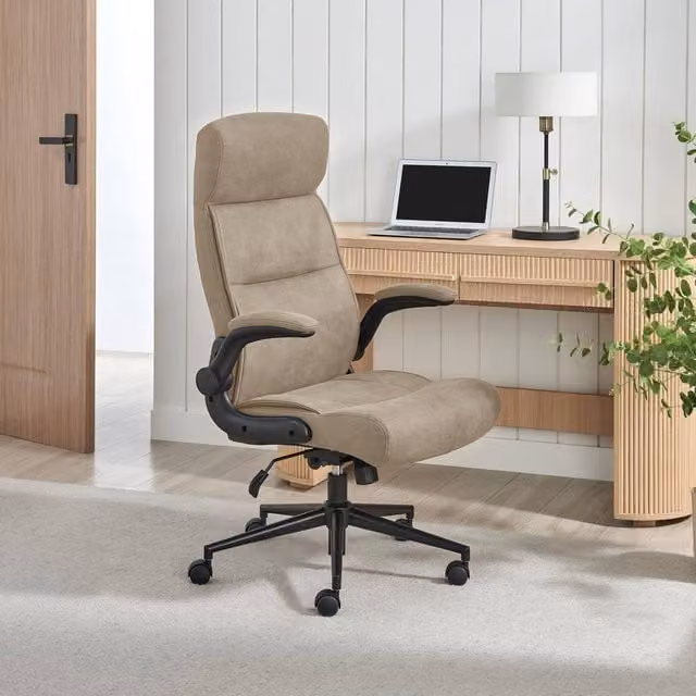 FurnitureboxUK Greer Beige Faux Leather Executive Swivel Office Chair with Headrest and Armrests – 1