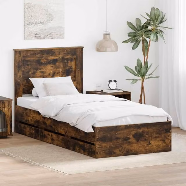 Berkfield Home Modern Bed Frame with Drawer in Smoked Oak Brown, W: 90 cm, L: 200 cm – 1