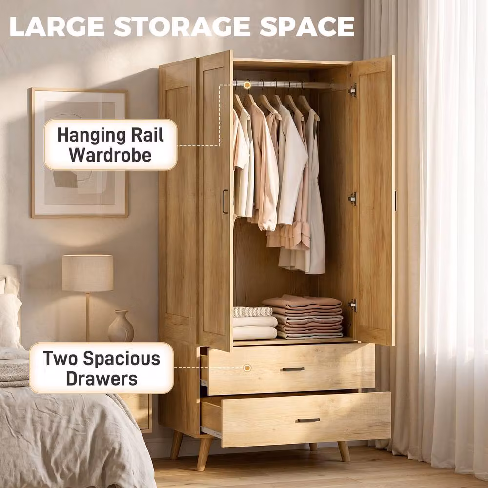 HOMCOM Modern 2 Door Wardrobe with 2 Integrated Drawers and Hanging Rail in Brown, H 180 x W 52 x D 52 cm – 3