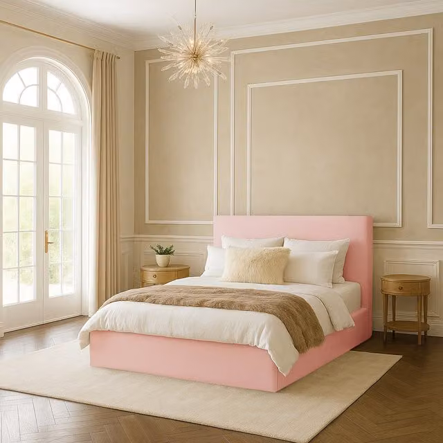 Desire Deco Modern Plain Upholstered Bed Frame in Pink, W/D/H: 200 x 200 cm
