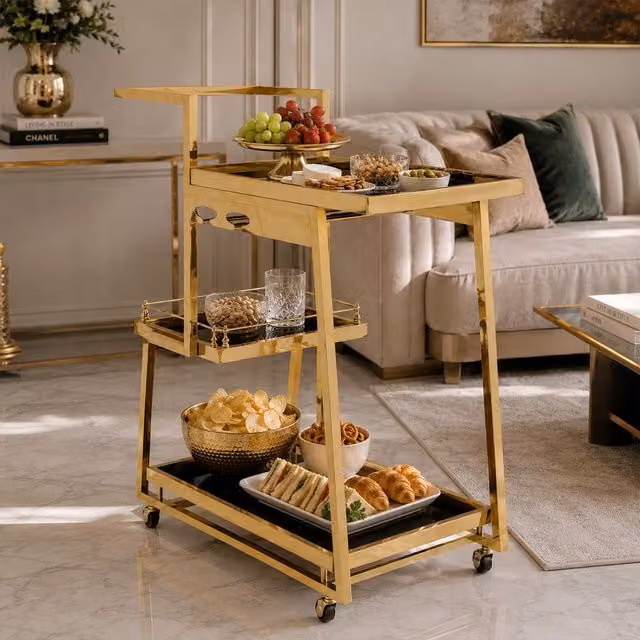 Orsina Novo 3 Tier Art Deco Trolley with Gold Finish and Glass Shelves – 1