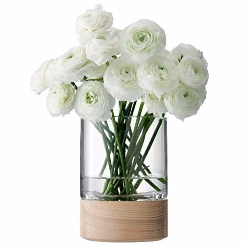 LSA International Lotta Vase/Lantern with Clear Glass and Ash Wood Base, H18 x W20 cm