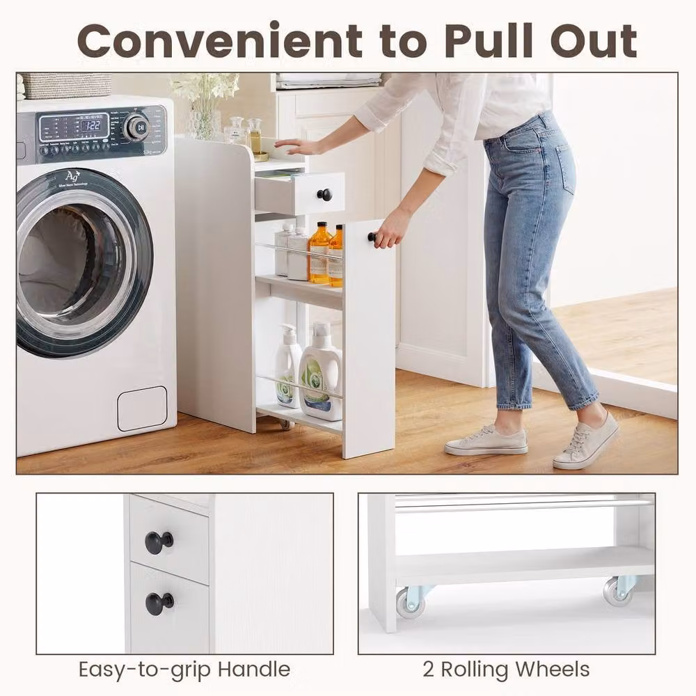 Costway Narrow White Bathroom Floor Storage Cabinet with Slide-Out Drawer – 3