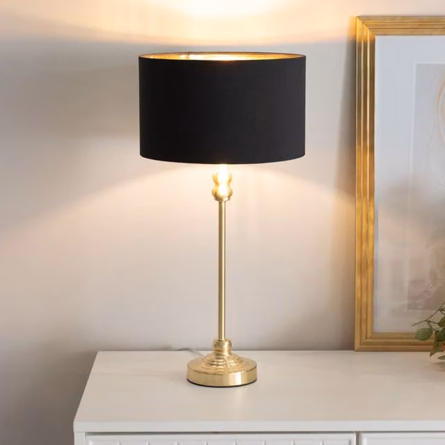 Maggie Black Candlestick Table Lamp with Gold and Brass Metallic Shade in Black