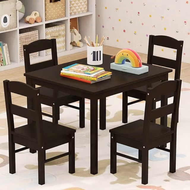 Costway Kids Table and 4 Chairs Set in Brown Lacquered Pine Wood