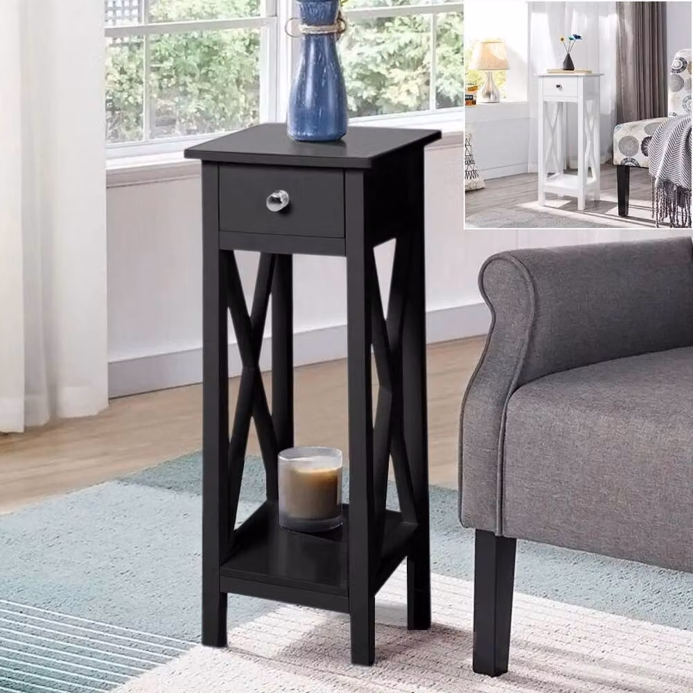 KORVIXA Black 2-Tier Side Table with Drawer and Shelf, W/D/H: 27 x 27 x 66 cm – 3