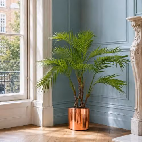 Leaf Design UK Realistic Green Artificial Areca Palm Plant with Copper Metal Planter, H 90 cm x W 70 cm x D 60 cm – 2