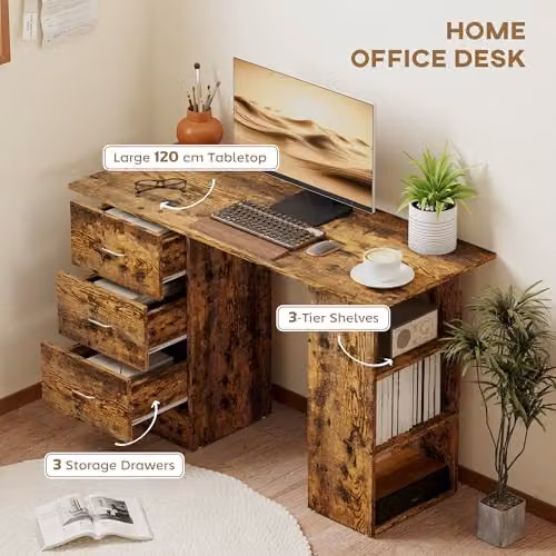 HOMCOM Computer Desk in Rustic Brown with Drawers, W/D/H: 120 x 49 x 72 cm – 3