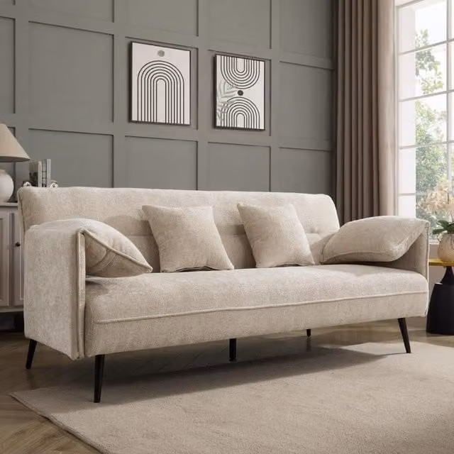 Carnation Sofa Bed in Beige Chenille with Sleeping Function and Scatter Cushions