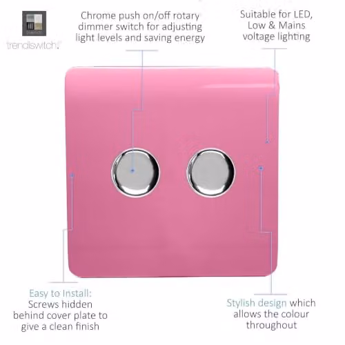 Trendi Modern Glossy Tactile 2 Gang 2 Way 120w LED Dimmer Switch in Pink and Chrome – 2