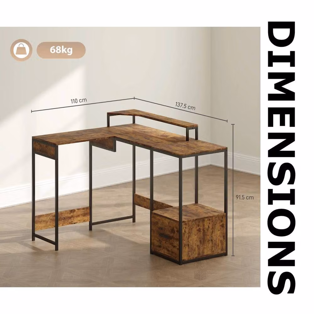 FURNOS Industrial L Shaped Corner Computer Desk with Storage in Brown and Black, W/D/H: 137.5 x 110 x 76.5 cm – 7