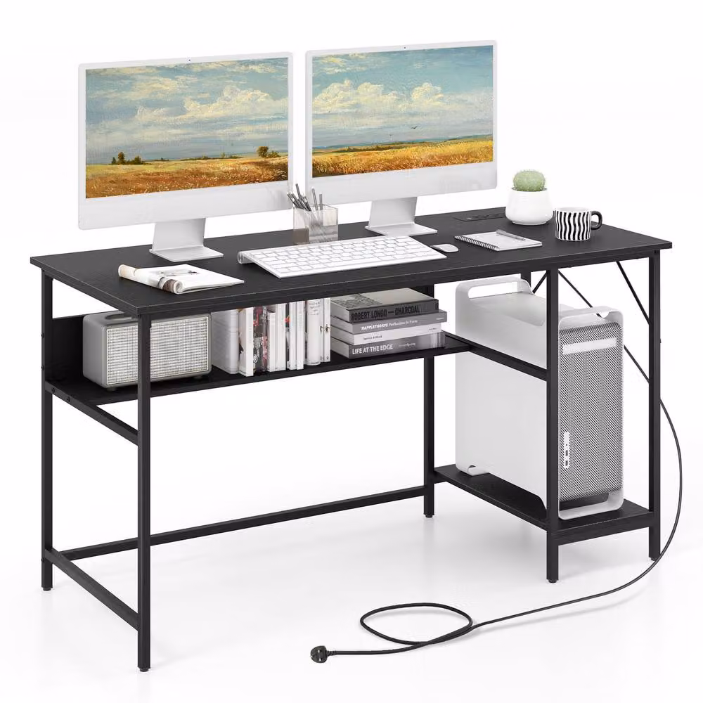 Costway Modern Computer Desk in Black with Charging Station and 4 Power Outlets, W: 140 cm, D: 60 cm, H: 76 cm – 3