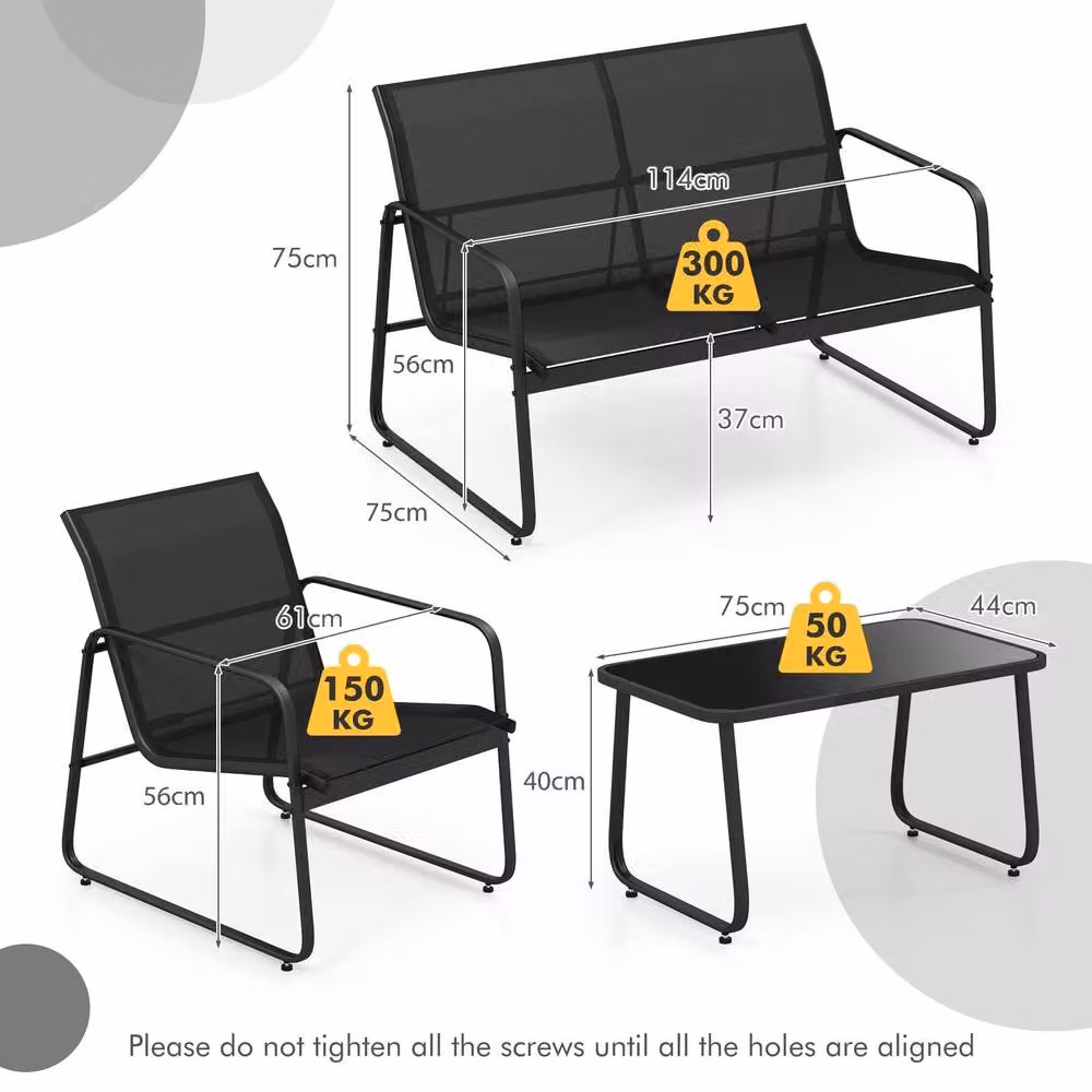 Costway 4-Piece Black Garden Furniture Set with Upholstered 2-Seater Sofa, 2 Armchairs and Coffee Table – 4
