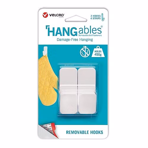 VELCRO Brand HANGables Removable Small Wall Hooks, White, Set of 2, Holds up to 450g