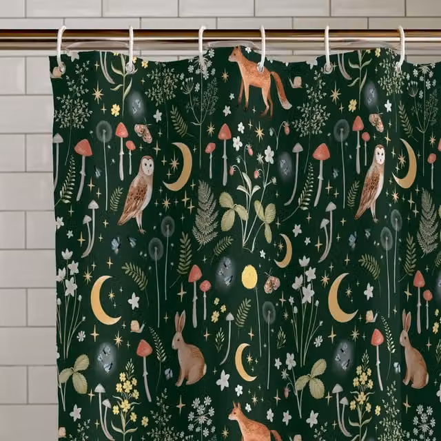 Catherine Lansfield Enchanted Twilight Waterproof Fabric Shower Curtain in Forest Green
