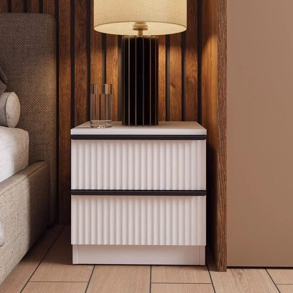 Havendro White 2 Drawer Bedside Table with Scalloped Ripple Effect Finish – 2