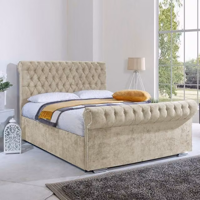 Desire Deco Royal Sleigh Bed Frame in Yellow Velvet Fabric, W/D/H: 140 x 200 cm