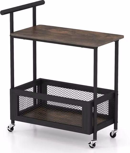 KORVIXA 2-Tier Industrial Metal Sofa Side Table with Open Shelf and Mesh Basket, Black, W/D/H: 100 x 100 x 72 cm